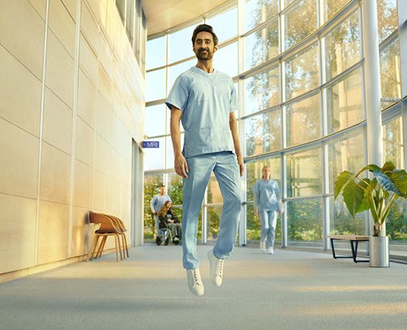 man floating in hospital