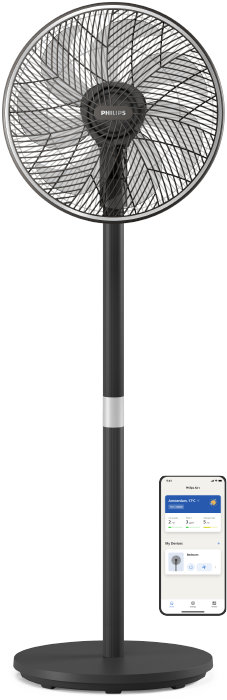 مروحة عمودية مع قاعدة من Philips بالقرب من رموز صغيرة لتطبيق Air+&lrm; من Philips، مقابل خلفية باللون الأزرق الفاتح.